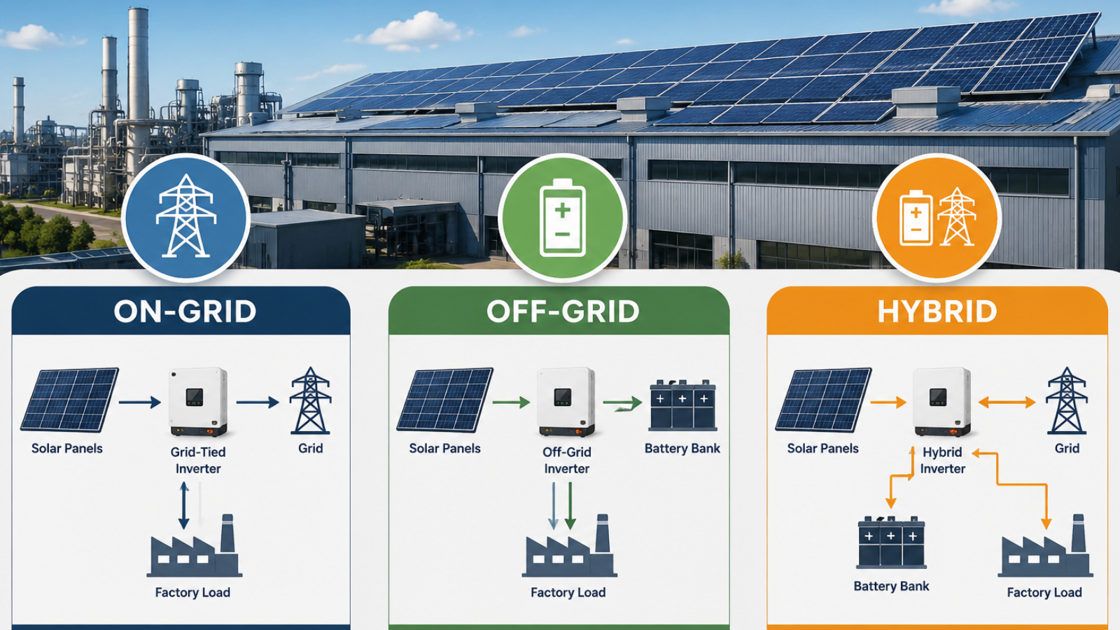 Solar for Factories: Understanding the Difference Between On-Grid, Off-Grid & Hybrid Systems