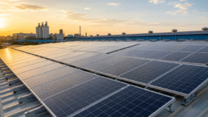Rooftop solar power plant installed on an industrial factory roof in Maharashtra