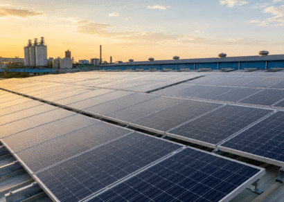 Rooftop solar power plant installed on an industrial factory roof in Maharashtra